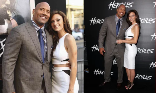 Dwayne Johnson and Lauren Hashian posing together on a red carpet