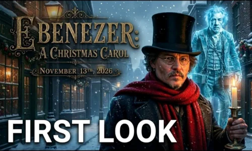 Ebenezer movie artwork showing Scrooge holding a candle on a snowy street