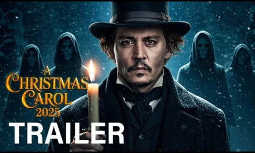 Johnny Depp as Ebenezer Scrooge standing in snow with ghostly figures behind him