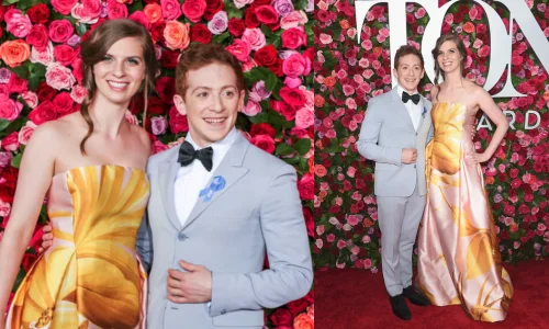 Ethan Slater and Lilly Jay posing together on the Tony Awards red carpet