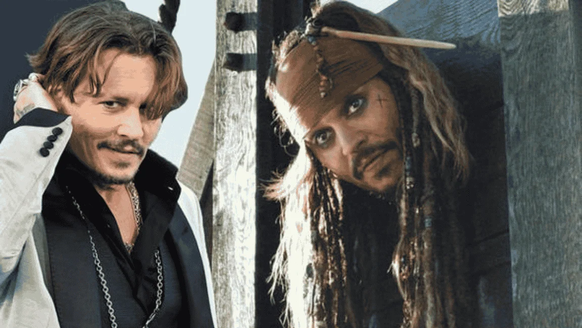 Johnny Depp wearing a pirate costume in a Pirates of the Caribbean movie still