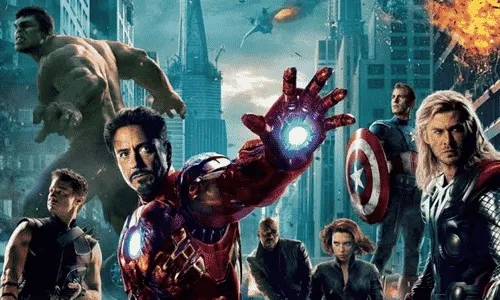 Marvel superheroes assembled in an Avengers movie scene