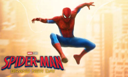 Spider-Man leaps through mid-air above a golden city backdrop next to the Spider-Man: Brand New Day logo.