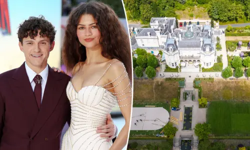 Tom Holland and Zendaya pose together on a red carpet alongside an aerial view of the Beaverbrook estate.
