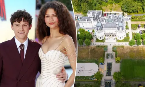 A split image shows Tom Holland and Zendaya on a red carpet on the left, next to an aerial view of a large white mansion with gardens on the right.