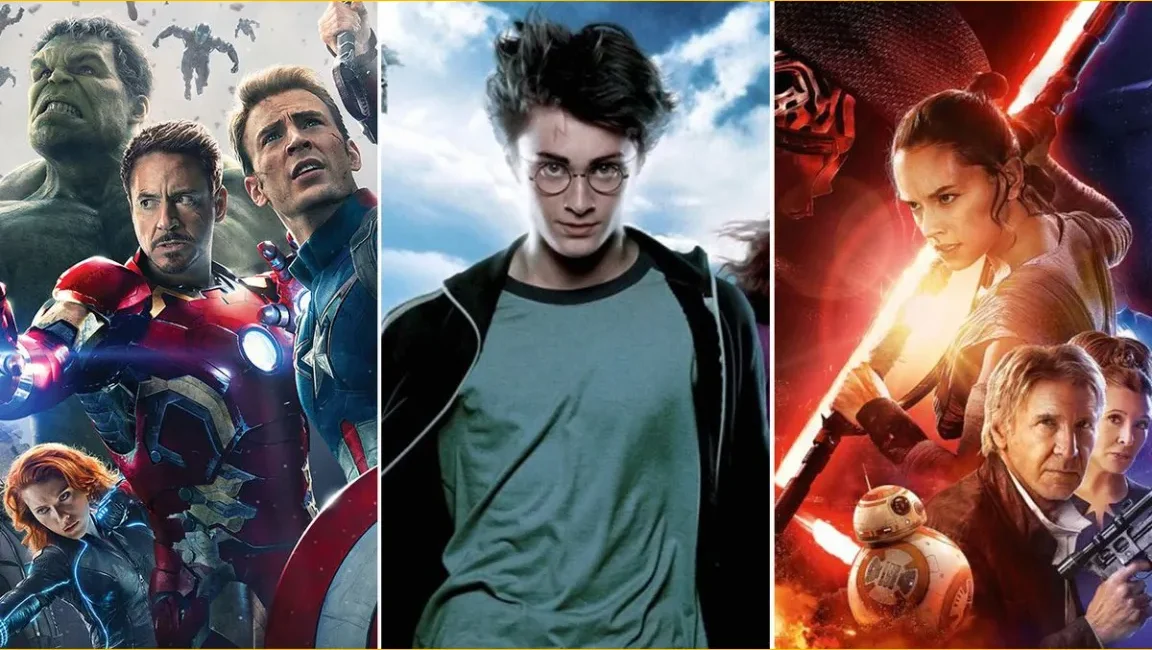 Collage of famous movie franchises including Star Wars, Marvel, Harry Potter, Jurassic Park, and Fast and Furious