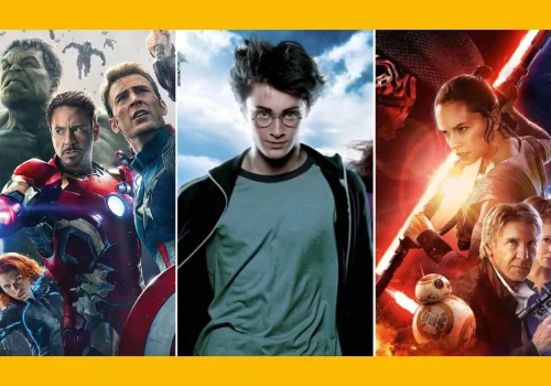 Collage of famous movie franchises including Star Wars, Marvel, Harry Potter, Jurassic Park, and Fast and Furious