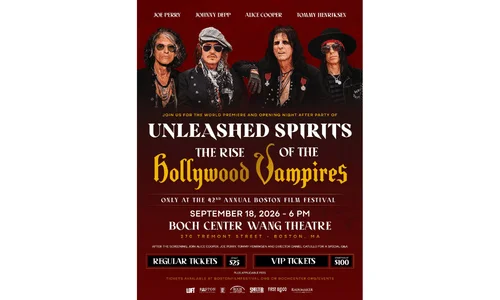 Event poster featuring Joe Perry, Johnny Depp, Alice Cooper, and Tommy Henriksen for Unleashed Spirits premiere.