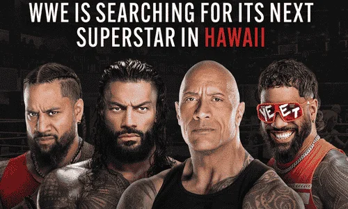 WWE Hawaii promotional graphic featuring The Rock and Roman Reigns