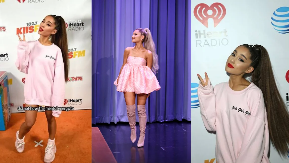 A three-panel collage of singer Ariana Grande wearing her signature high ponytail.