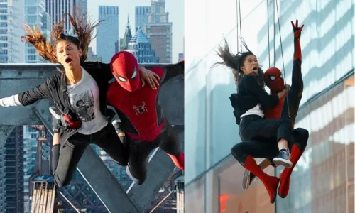Behind-the-scenes shot of Zendaya and Spider-Man's stunt double suspended on wires during No Way Home filming.