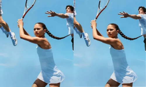 Action shot of Zendaya swinging a racket and Josh O'Connor jumping in mid-air in a scene from Challengers.
