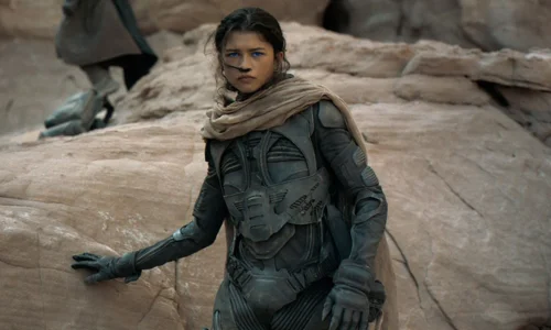 Zendaya as Chani in the movie Dune, wearing a dark gray Fremen stillsuit and a tan desert scarf, standing against a rugged rock formation with striking blue eyes.