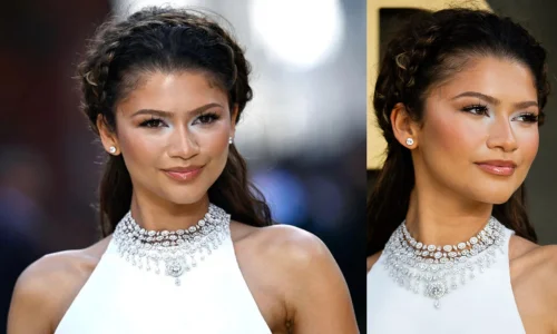 A close-up collage of Zendaya wearing an elegant white halter neck dress, paired with a statement diamond collar necklace.