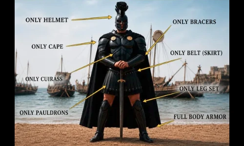 Full-length warrior costume with black armor, a crested helmet, cape and leg guards, holding a sword.