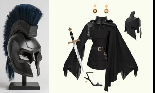 Halloween costume collage featuring a black cape, tunic, warrior helmet, sword, earrings and black heels.