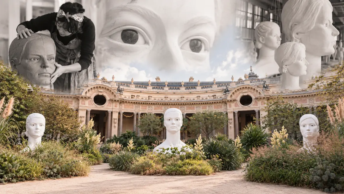 Large white sculpted female busts in the Petit Palais courtyard with overlaid images of an artist shaping clay.