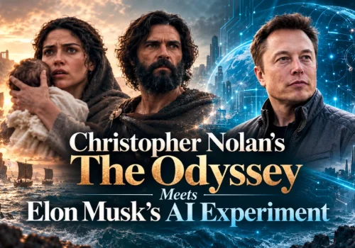 Christopher Nolan’s The Odyssey movie scene alongside Elon Musk and AI technology imagery.