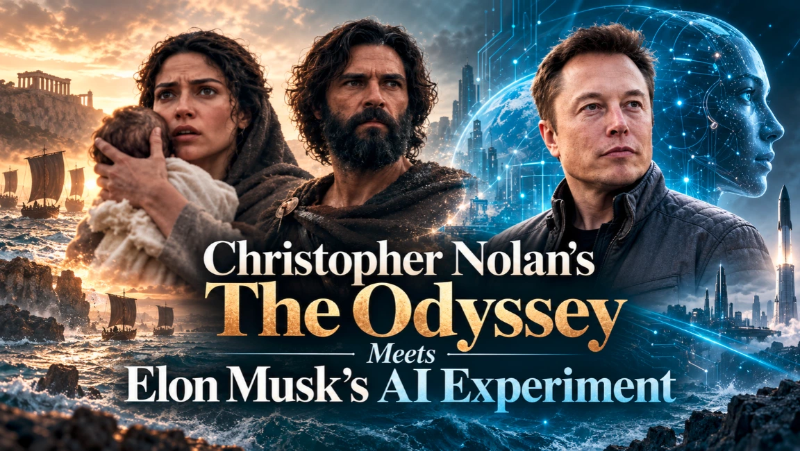 Christopher Nolan’s The Odyssey movie scene alongside Elon Musk and AI technology imagery.