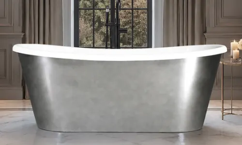 Reflective chrome freestanding bathtub displayed in a luxury bathroom setting