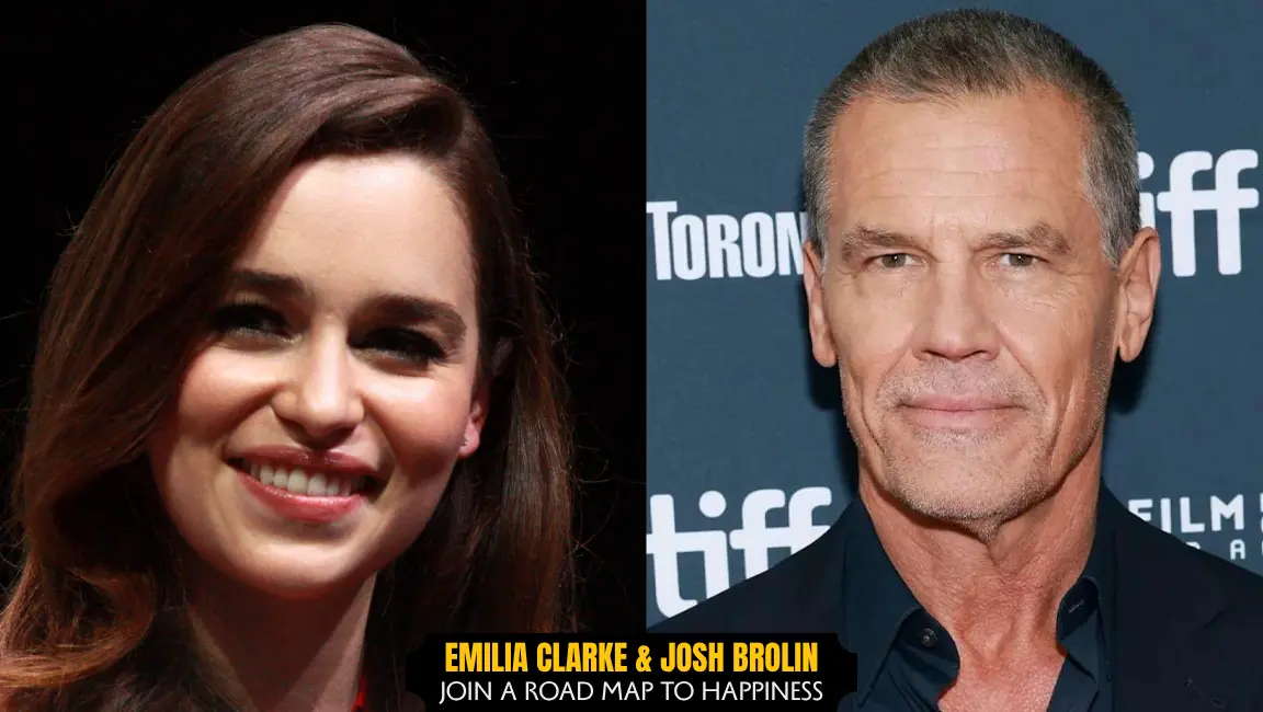 Side-by-side portraits of Emilia Clarke and Josh Brolin