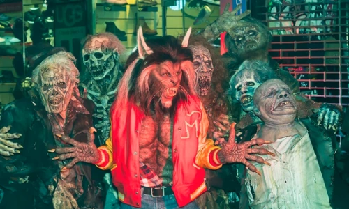 Heidi Klum dressed as a werewolf with fangs and clawed hands at her 2017 Halloween party