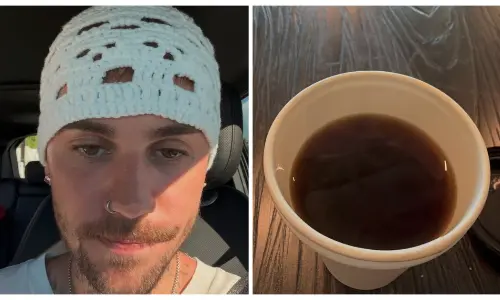 Split image showing Justin Bieber in a crochet beanie on the left and a cup of black coffee on the right.