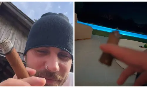 Two-panel image of Justin Bieber wearing a beanie with a cigar, alongside a blurry pool view at night.