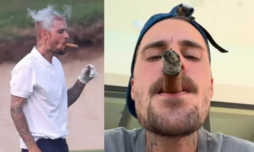 A two-panel collage featuring musician Justin Bieber smoking a cigar.