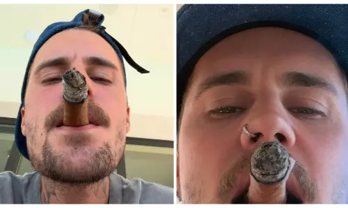 Two close-up selfie photos of Justin Bieber wearing a backward baseball cap while smoking a cigar.