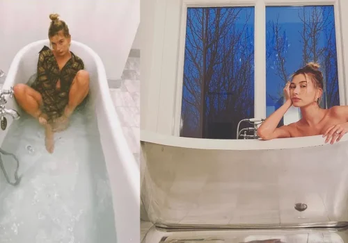 Justin and Hailey Bieber’s bathroom featuring a reflective chrome bathtub