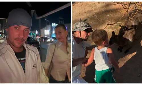 A collage of Justin Bieber: a nighttime selfie with Hailey, and a photo kneeling next to a child and wallaby.