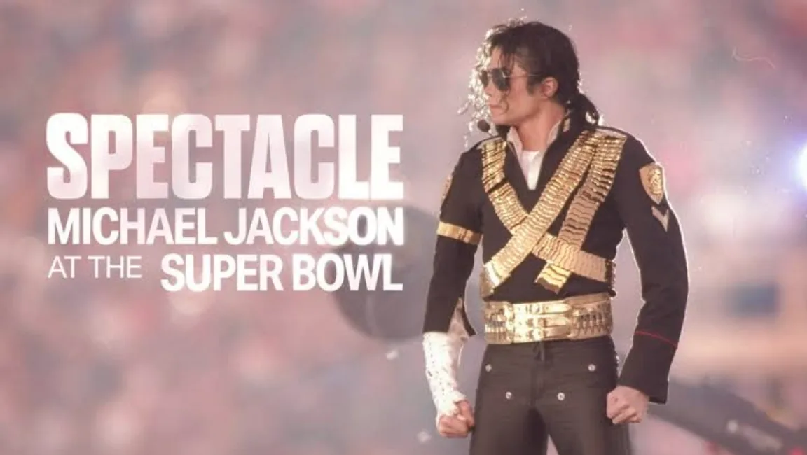 Michael Jackson performs at the Super Bowl in his gold-strapped jacket with "Michael Jackson Super Bowl" text.
