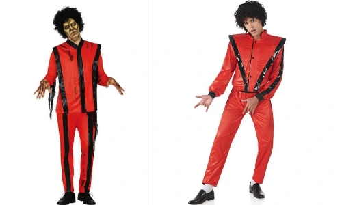 Red Thriller-style jacket with black detailing, matching red trousers and black shoes