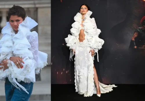 Zendaya wearing a dramatic white lace outfit at The Odyssey promotional event.