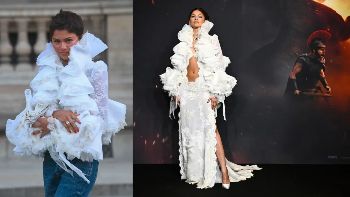 Zendaya wearing a dramatic white lace outfit at The Odyssey promotional event.